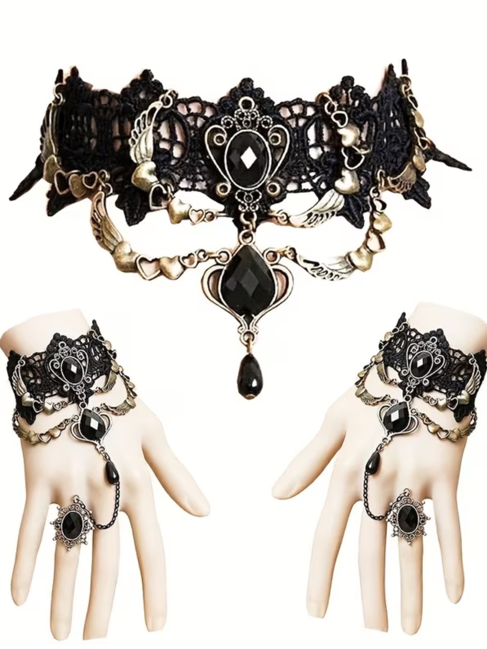 Black Lace Gothic Choker and Hand Bracelet Set with Silver Accents